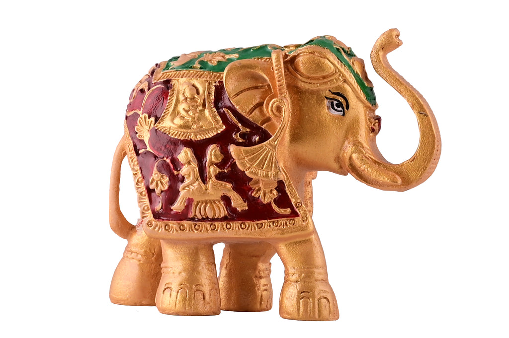 Auspicious Golden Royal Elephant Idol - Intricately Carved Trunk-Up Showpiece