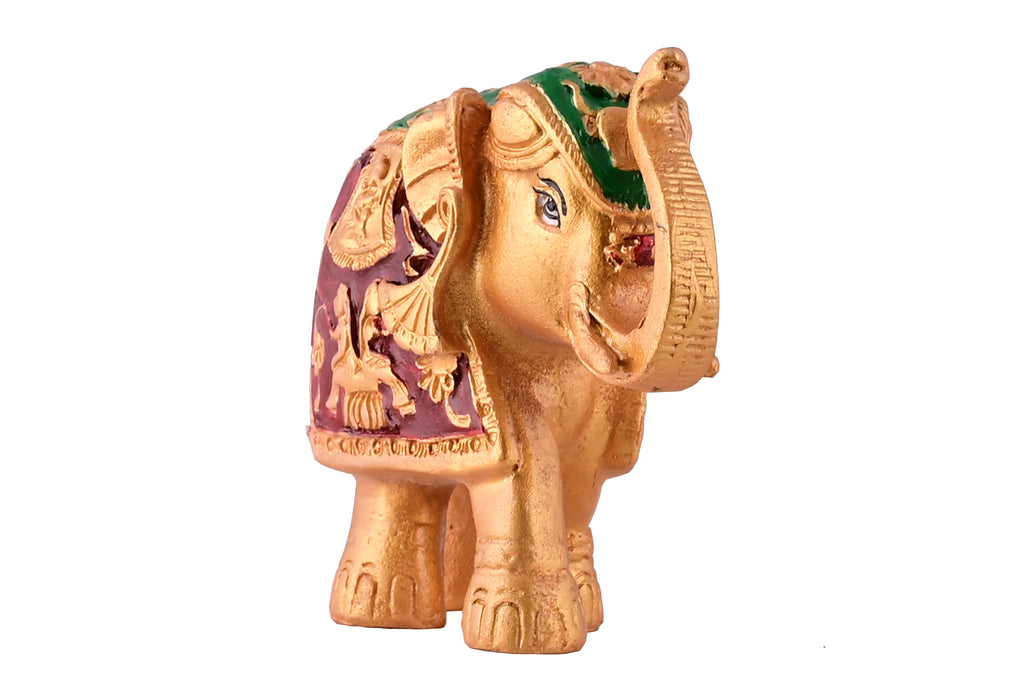 Auspicious Golden Royal Elephant Idol - Intricately Carved Trunk-Up Showpiece