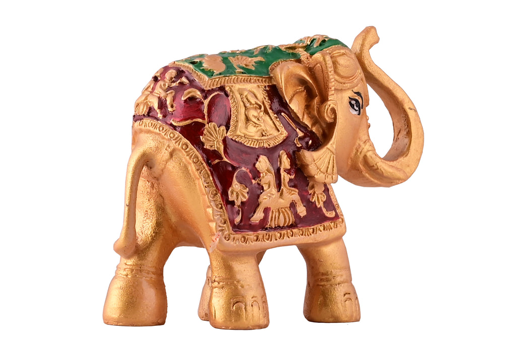 Auspicious Golden Royal Elephant Idol - Intricately Carved Trunk-Up Showpiece