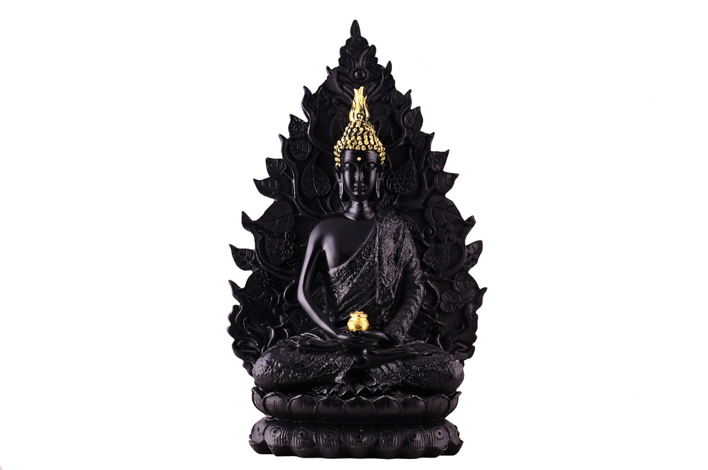 Zen Black Meditating Buddha Statue on Lotus with Gold Crown & Pot - Serene Decor