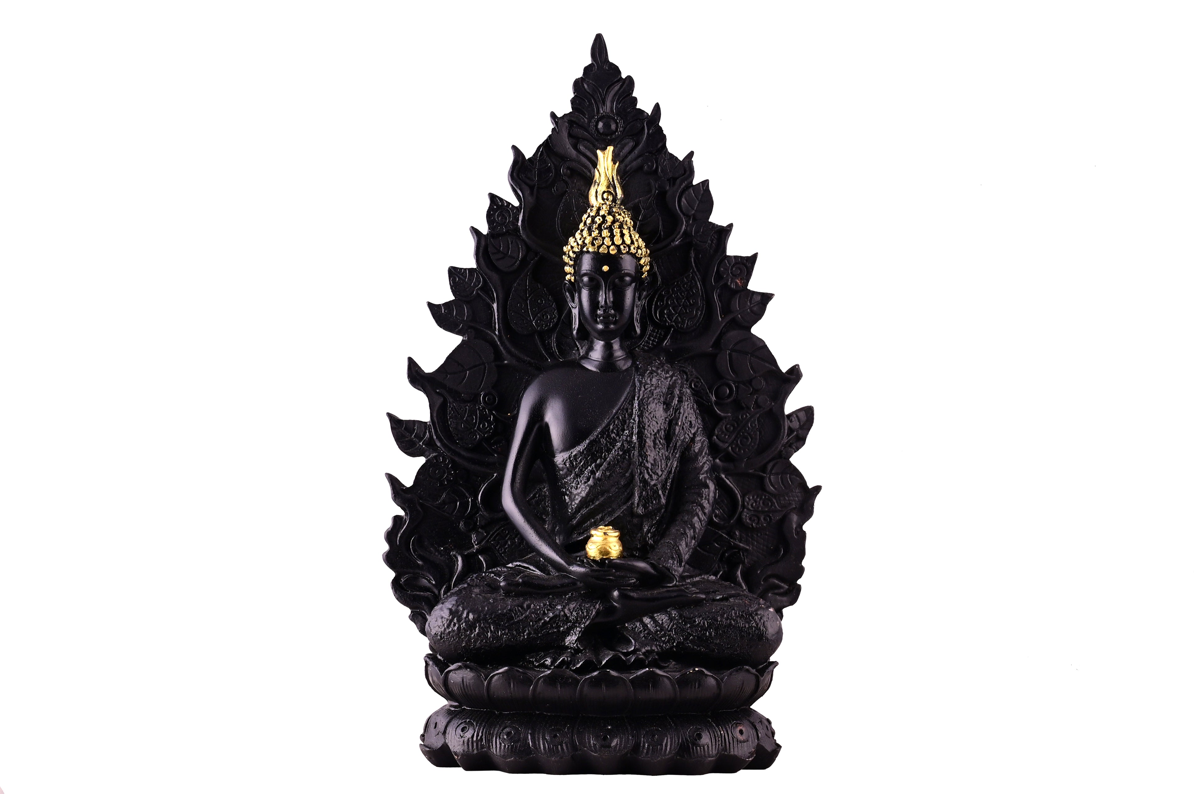 Zen Black Meditating Buddha Statue on Lotus with Gold Crown & Pot - Serene Decor