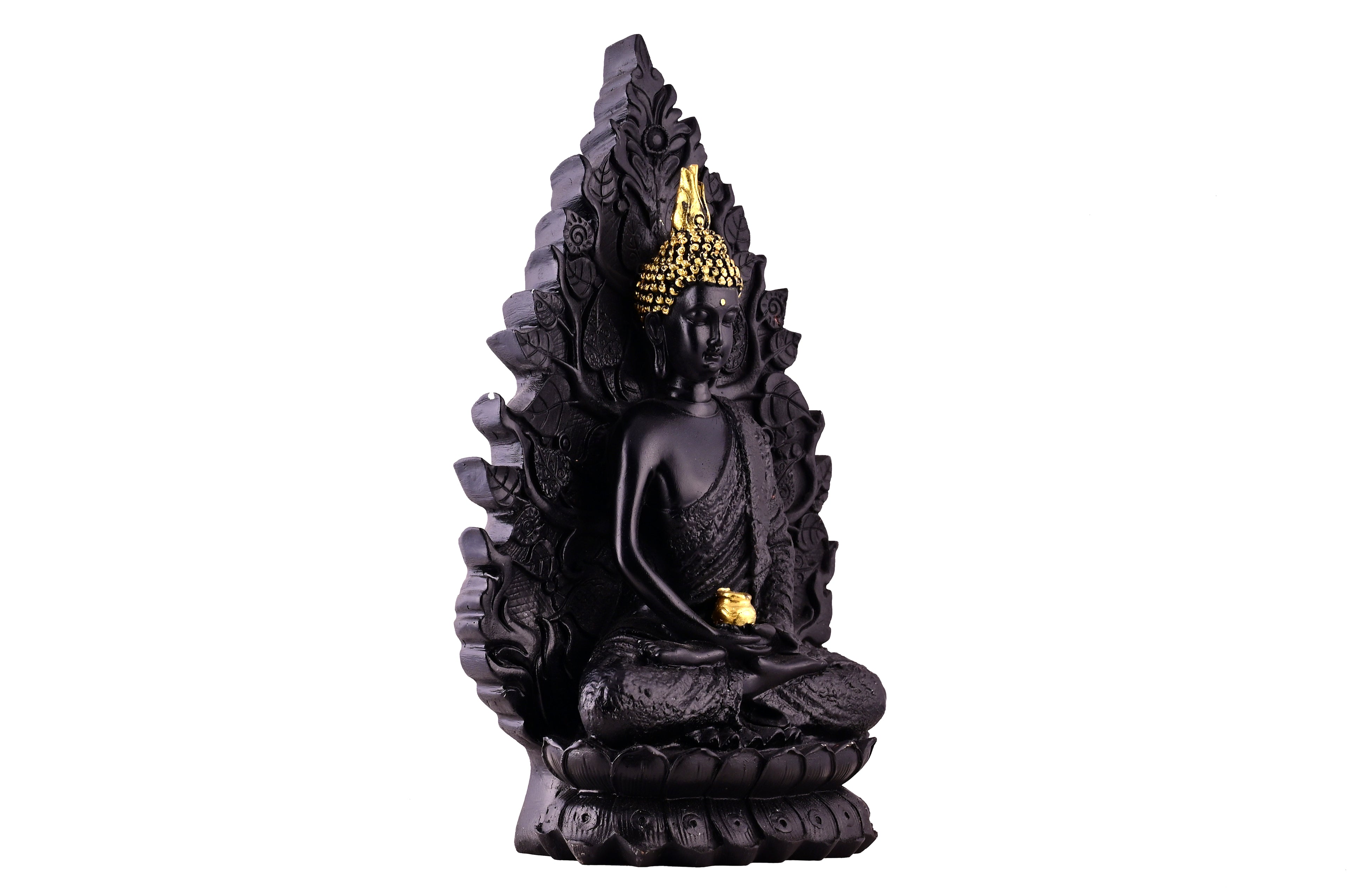 Zen Black Meditating Buddha Statue on Lotus with Gold Crown & Pot - Serene Decor