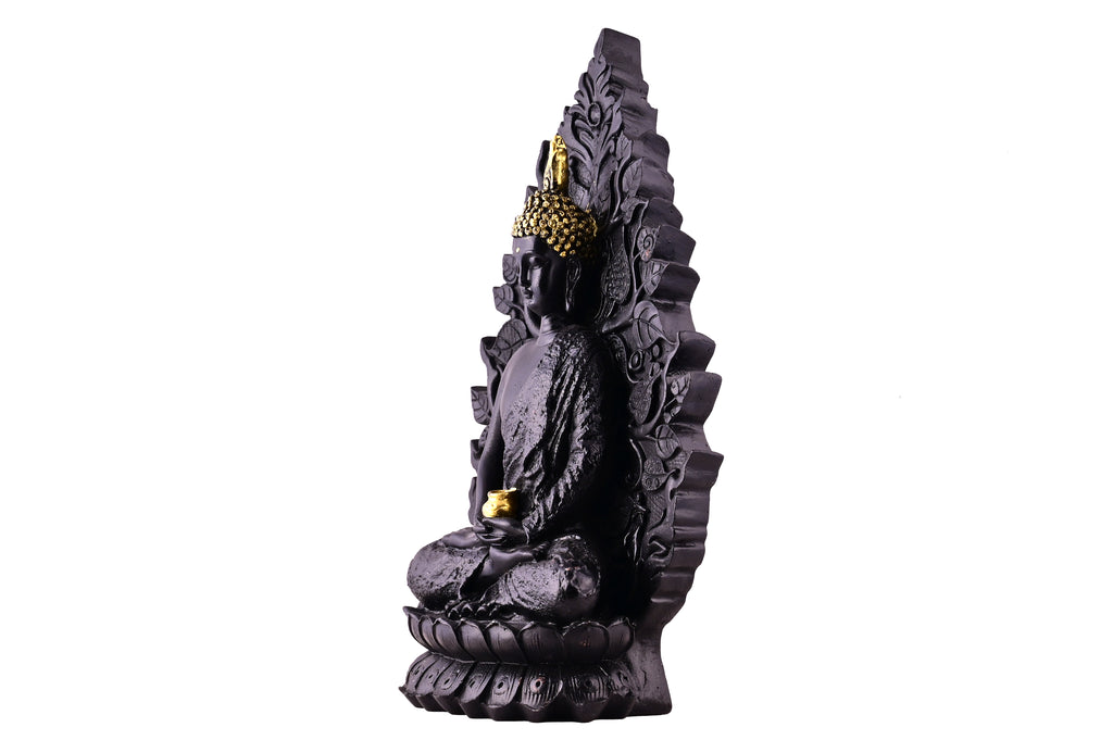 Zen Black Meditating Buddha Statue on Lotus with Gold Crown & Pot - Serene Decor